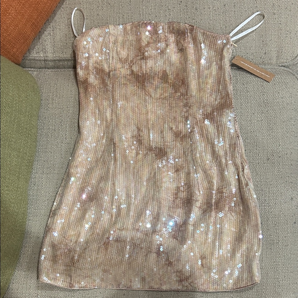 Elegant Strapless Sequin Dress - Tan
